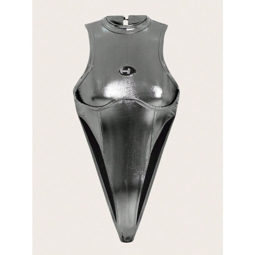 Metallic Silver High Cut Bodysuit Women Sleeveless Mock Neck Cutout Clubwear L